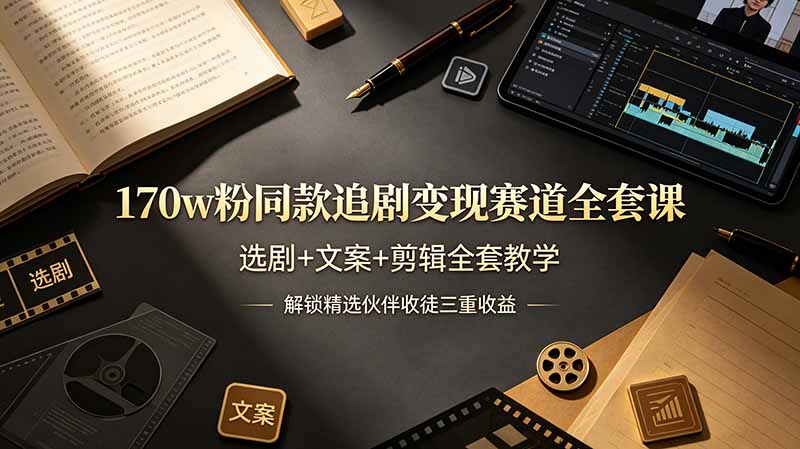 170w粉博主同款追剧变现赛道全套课，选剧+文案+剪辑全套教学，解锁精选伙伴收徒三重收益-校睿铺