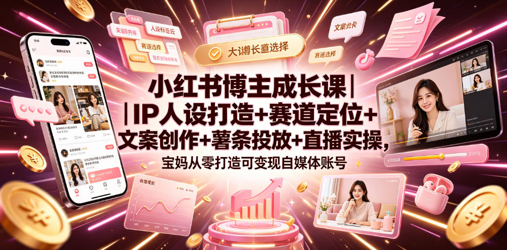 小红书博主成长课｜IP人设打造+赛道定位+文案创作+薯条投放+直播实操，宝妈从零打造可变现自媒体账号-校睿铺