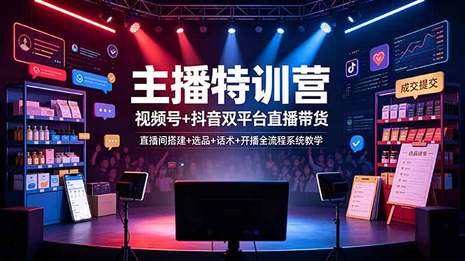 主播特训营：视频号+抖音双平台直播带货，直播间搭建+选品+话术+开播全流程系统教学-校睿铺