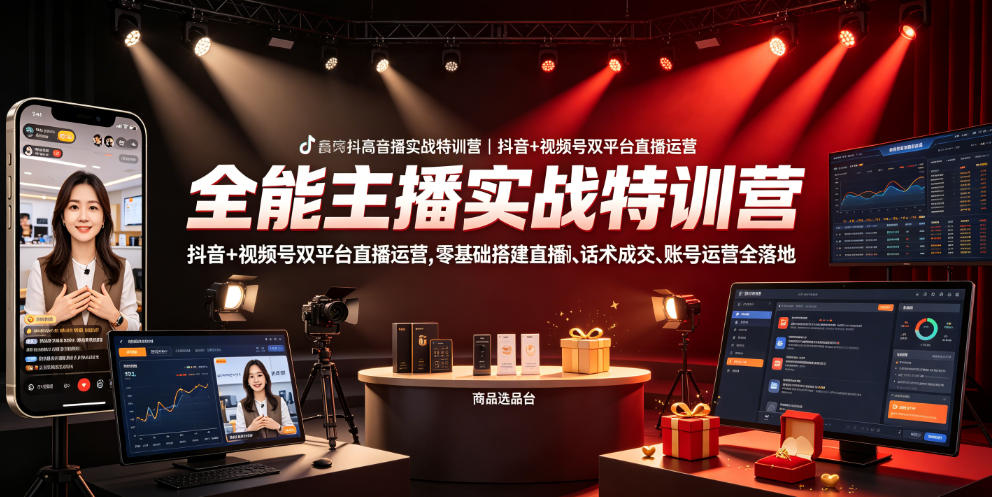 全能主播实战特训营｜抖音+视频号双平台直播运营，零基础搭建直播间、精准选品、话术成交、账号运营全落地-校睿铺
