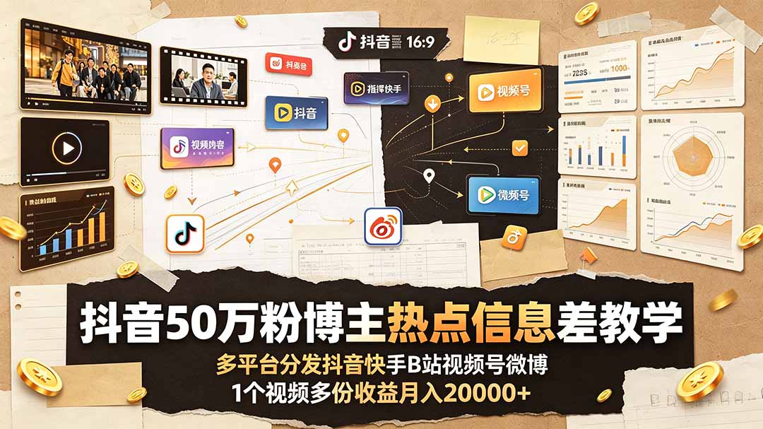 抖音50万粉博主热点信息差教学：多平台分发抖音快手B站视频号微博，1个视频多份收益月入20000+-校睿铺