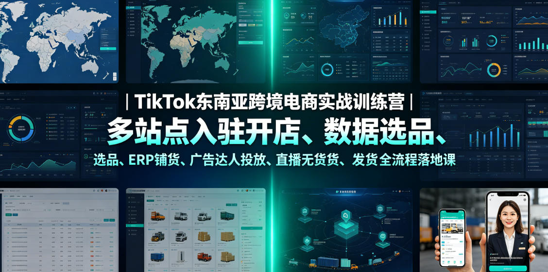 TikTok东南亚跨境电商实战训练营｜多站点入驻开店、数据选品、ERP铺货、广告达人投放、直播无货源发货全流程落地课-校睿铺