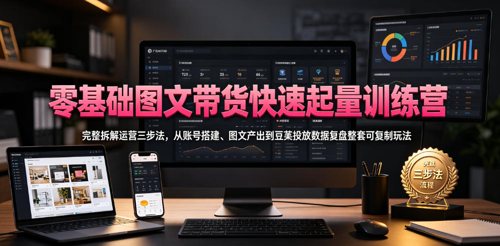 零基础图文带货快速起量训练营，完整拆解运营三步法，从账号搭建、图文产出到豆荚投放数据复盘整套可复制玩法-校睿铺