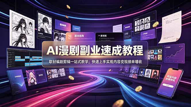 AI漫剧副业速成教程，取材编剧剪辑一站式教学；快速上手实现内容变现接单增收-校睿铺