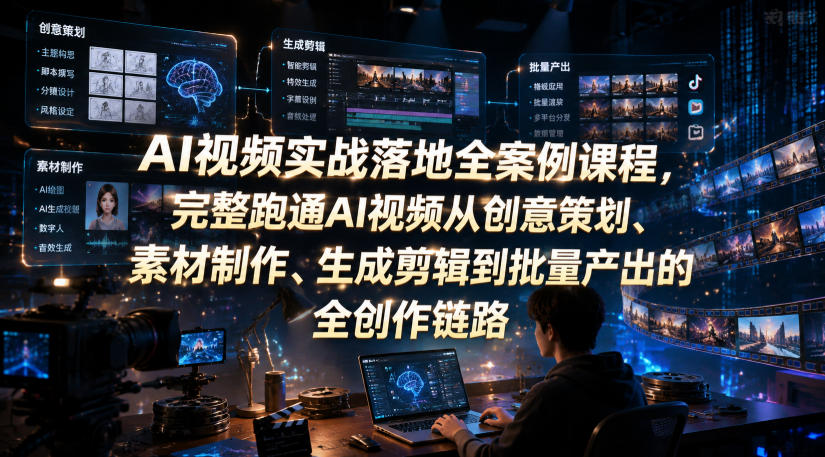 AI视频实战落地全案例课程，完整跑通AI视频从创意策划、素材制作、生成剪辑到批量产出的全创作链路-校睿铺