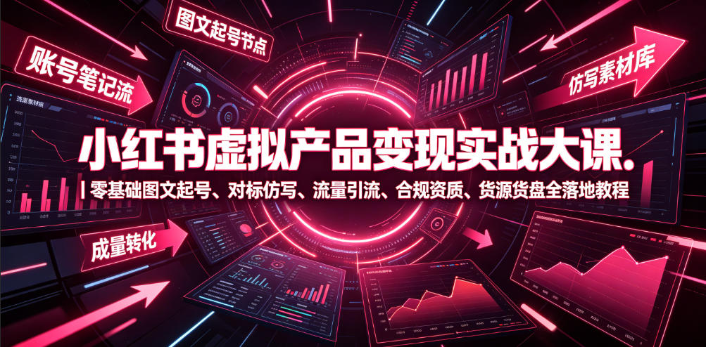 小红书虚拟产品变现实战大课｜零基础图文起号、对标仿写、流量引流、合规资质、货源货盘全落地教程-校睿铺