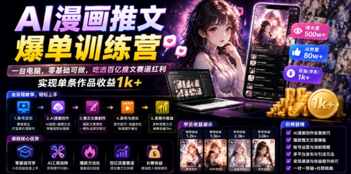 AI漫画推文爆单训练营，一台电脑，零基础可做，吃透百亿推文赛道红利，实现单条作品收益1k+-校睿铺