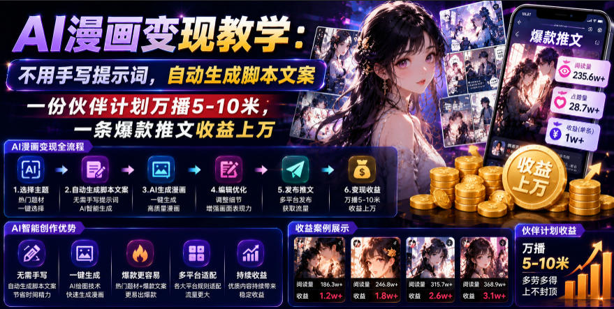 AI漫画变现教学：不用手写提示词，自动生成脚本文案，一份伙伴计划万播5-10米，一条爆款推文收益上W-校睿铺
