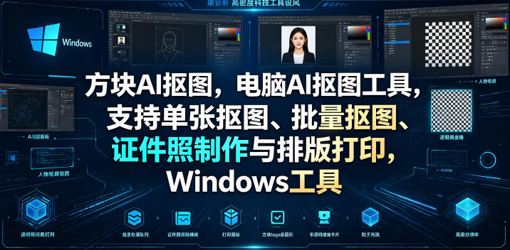 方块AI抠图，电脑AI抠图工具，支持单张抠图、批量抠图、证件照制作与排版打印，Windows工具-校睿铺