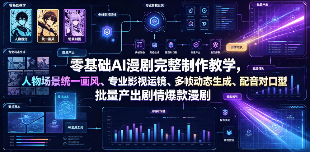 零基础AI漫剧完整制作教学，人物场景统一画风、专业影视运镜、多帧动态生成、配音对口型，批量产出剧情爆款漫剧-校睿铺