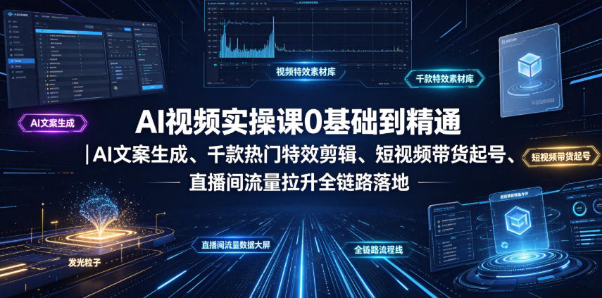 AI视频实操课0基础到精通｜AI文案生成、千款热门特效剪辑、短视频带货起号、直播间流量拉升全链路落地-校睿铺
