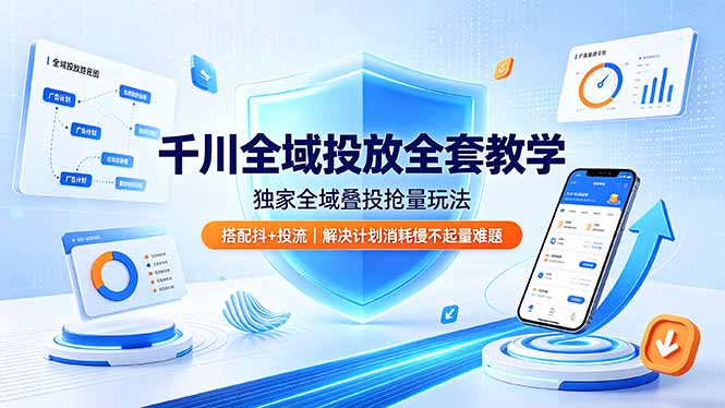千川全域投放全套教学，独家全域叠投抢量玩法，搭配抖+投流，解决计划消耗慢不起量难题-校睿铺
