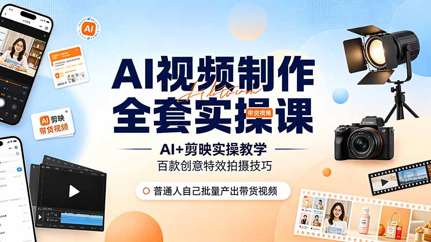 AI视频制作全套实操课，多款AI工具搭配剪映教学，百种特效运镜拍摄实操，抖音账号带货运营全覆盖-校睿铺