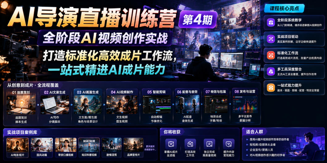 AI导演直播训练营第4期｜全阶段AI视频创作实战，打造标准化高效成片工作流，一站式精进AI成片能力-校睿铺