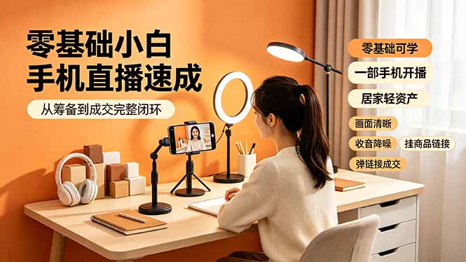 零基础小白手机直播速成，从筹备到成交完整闭环，适配苹果安卓系统，解决杂音卡顿留人难问题-校睿铺