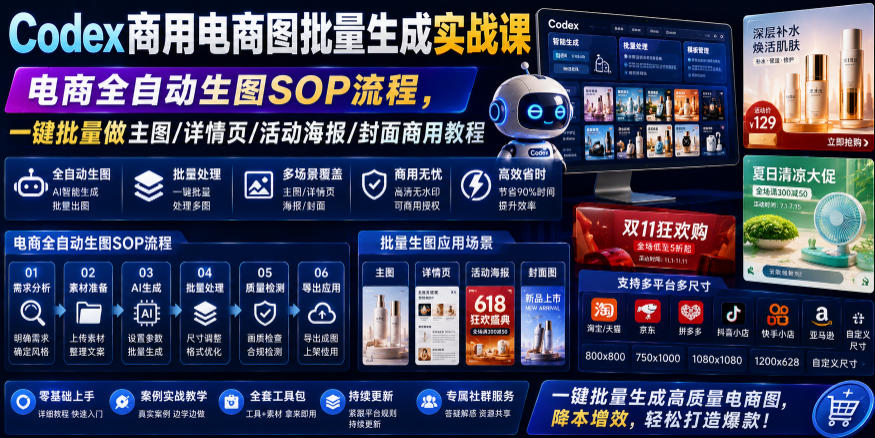 Codex商用电商图批量生成实战课｜电商全自动生图SOP流程，一键批量做主图/详情页/活动海报/封面商用教程-校睿铺