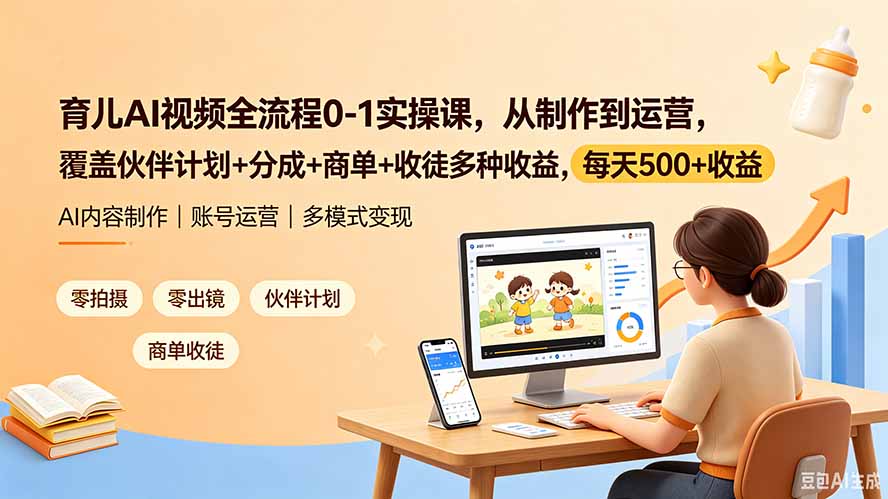 育儿AI视频全流程0-1实操课，从制作到运营，覆盖伙伴计划+分成+商单+收徒多种收益，每天500+收益-校睿铺