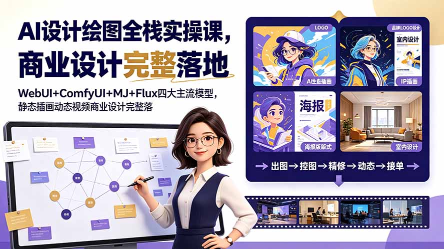 AI设计绘图全栈实操课，WebUI+ComfyUI+MJ+Flux四大主流模型，静态插画动态视频商业设计完整落地教程-校睿铺