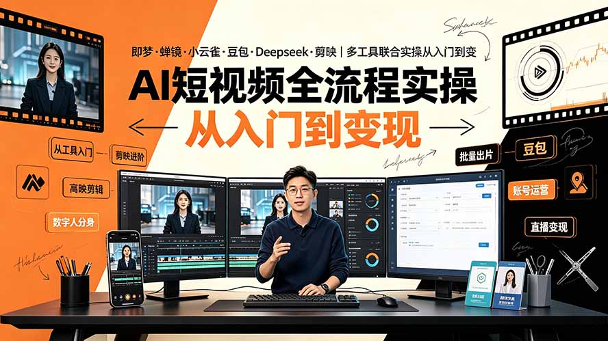 AI短视频全流程实操：即梦·蝉镜·小云雀·豆包·Deepseek·剪映｜多工具联合实操从入门到变现-校睿铺