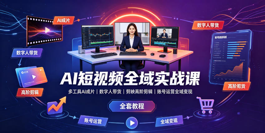 AI短视频全域实战课｜多工具AI成片、数字人带货、剪映高阶剪辑、账号运营全域变现全套教程-校睿铺