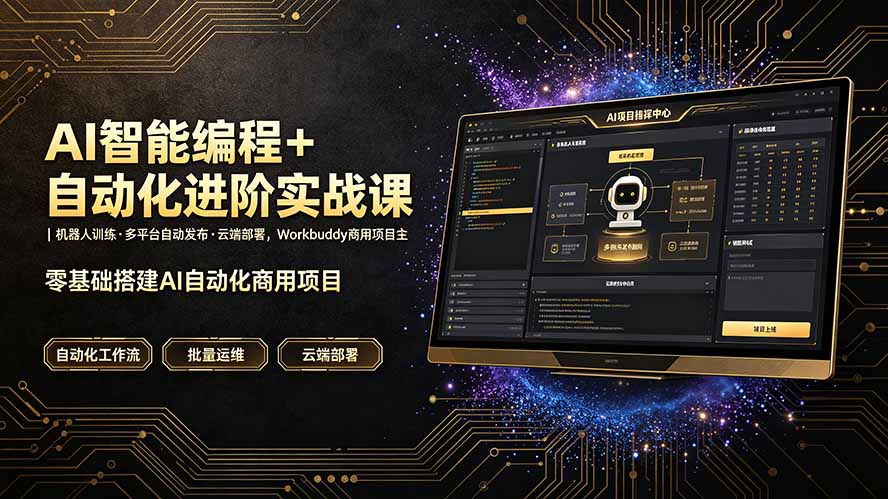AI智能编程+自动化进阶实战课｜机器人训练·多平台自动发布·云端部署，Workbuddy商用项目全流程教学-校睿铺