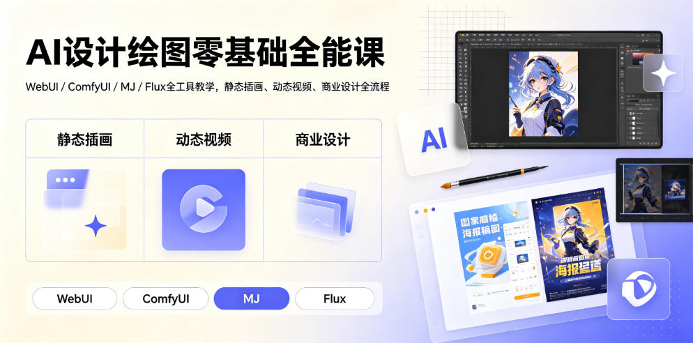 AI设计绘图零基础全能课｜WebUI/ComfyUI/MJ/Flux全工具教学，静态插画、动态视频、商业设计全流程-校睿铺