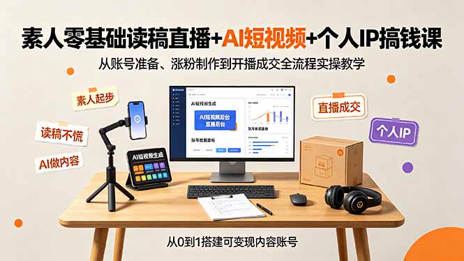 素人零基础读稿直播+AI短视频+个人IP搞钱课，从账号准备、涨粉制作到开播成交全流程实操教学-校睿铺