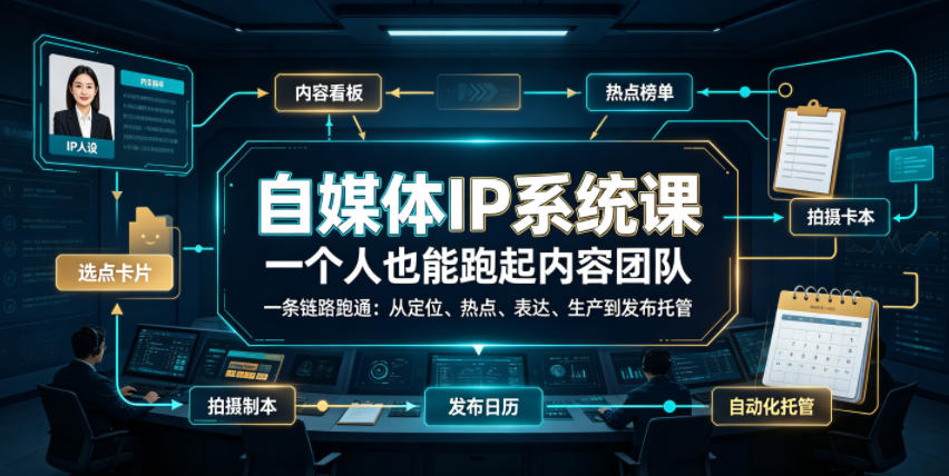 自媒体IP系统课，一个人也能跑起内容团队，一条链路跑通，从定位、热点、表达、生产到发布托管-校睿铺