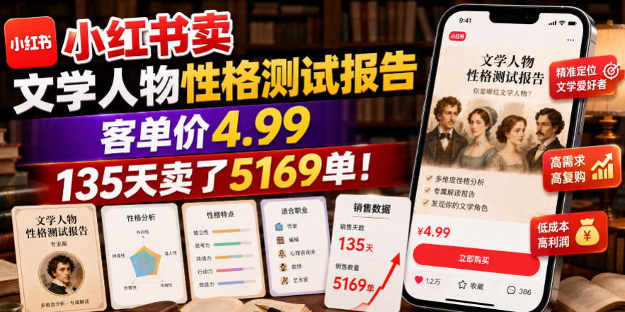 小红书卖文学人物性格测试报告，客单价4.99，135天卖了5169单！-校睿铺