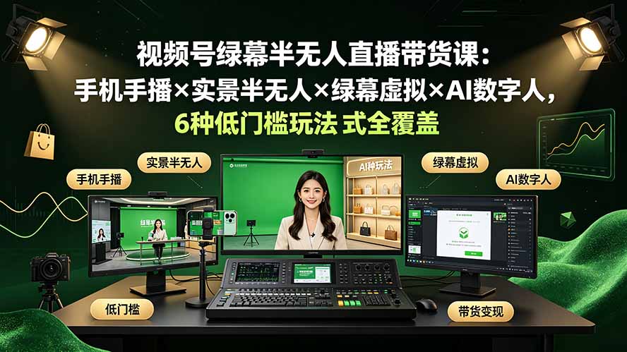 视频号绿幕半无人直播带货课：手机手播×实景半无人×绿幕虚拟×AI数字人，6种低门槛玩法全覆盖-校睿铺