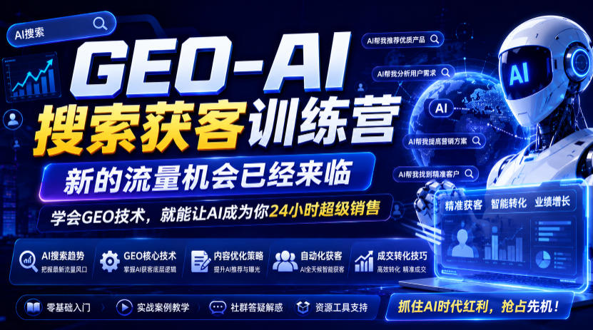 GEO-AI搜索获客训练营，新的流量机会已经来临，学会GEO技术，就能让AI成为你24小时超级销售-校睿铺