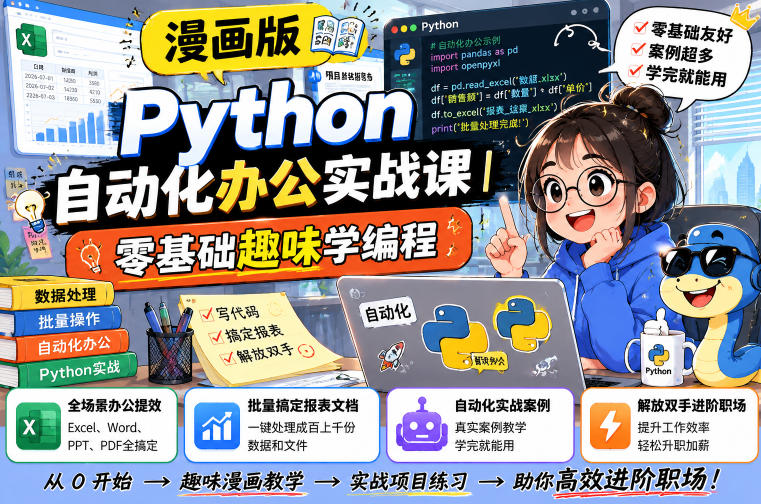 漫画版Python自动化办公实战课｜零基础趣味学编程，全场景办公提效、批量搞定报表文档、解放双手进阶职场-校睿铺
