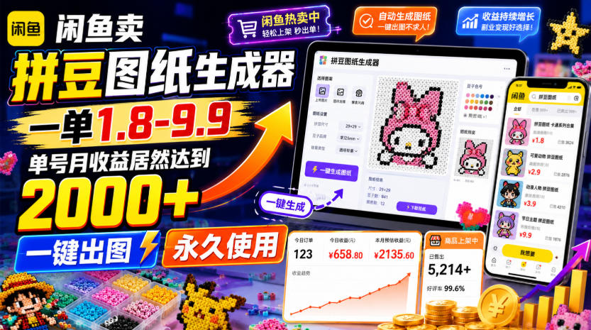闲鱼卖拼豆图纸生成器，一单1.8-9.9，单号月收益居然达到2000+一键出图永久使用-校睿铺