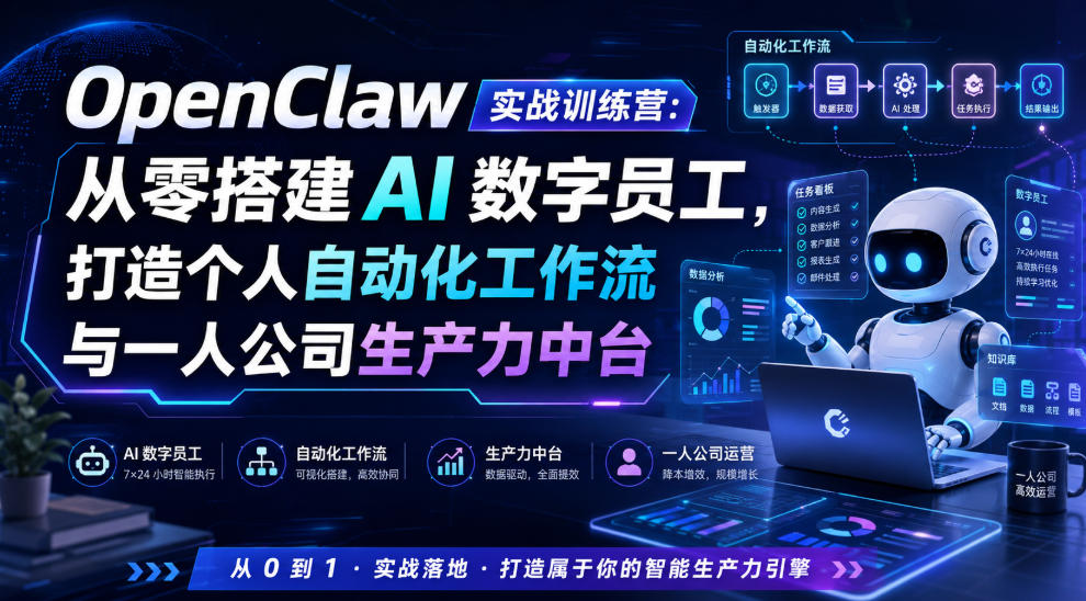 OpenClaw实战训练营：从零搭建AI数字员工，打造个人自动化工作流与一人公司生产力中台-校睿铺