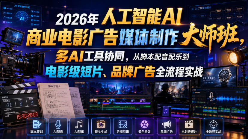 2026年人工智能AI商业电影广告媒体制作大师班，多AI工具协同，从脚本配音配乐到电影级短片、品牌广告全流程实战(中英字幕)-校睿铺