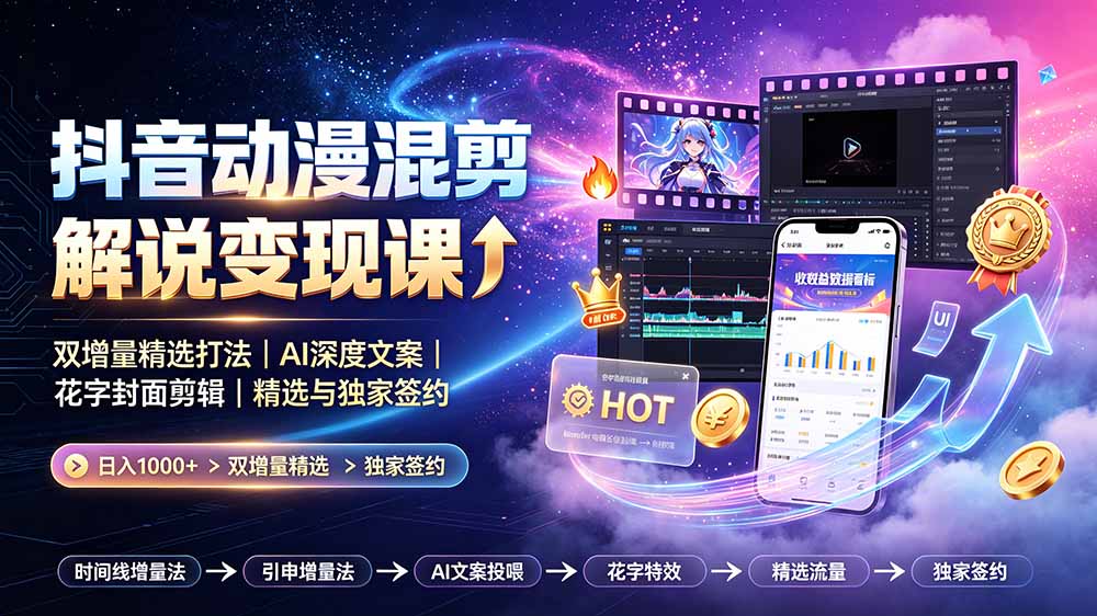 抖音动漫混剪解说变现课：双增量精选打法｜AI深度文案｜花字封面剪辑｜ 精选与独家签约日入1000+-校睿铺