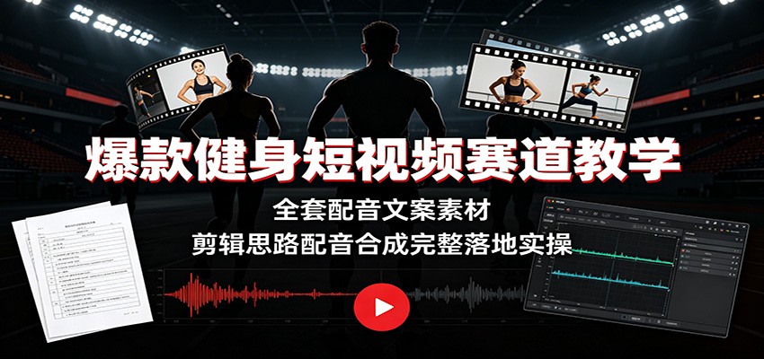 爆款健身短视频赛道教学：全套配音文案素材，剪辑思路配音合成完整落地实操-校睿铺