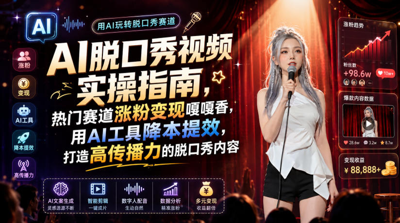 AI脱口秀视频实操指南，热门赛道涨粉变现嘎嘎香，用AI工具降本提效，打造高传播力的脱口秀内容-校睿铺
