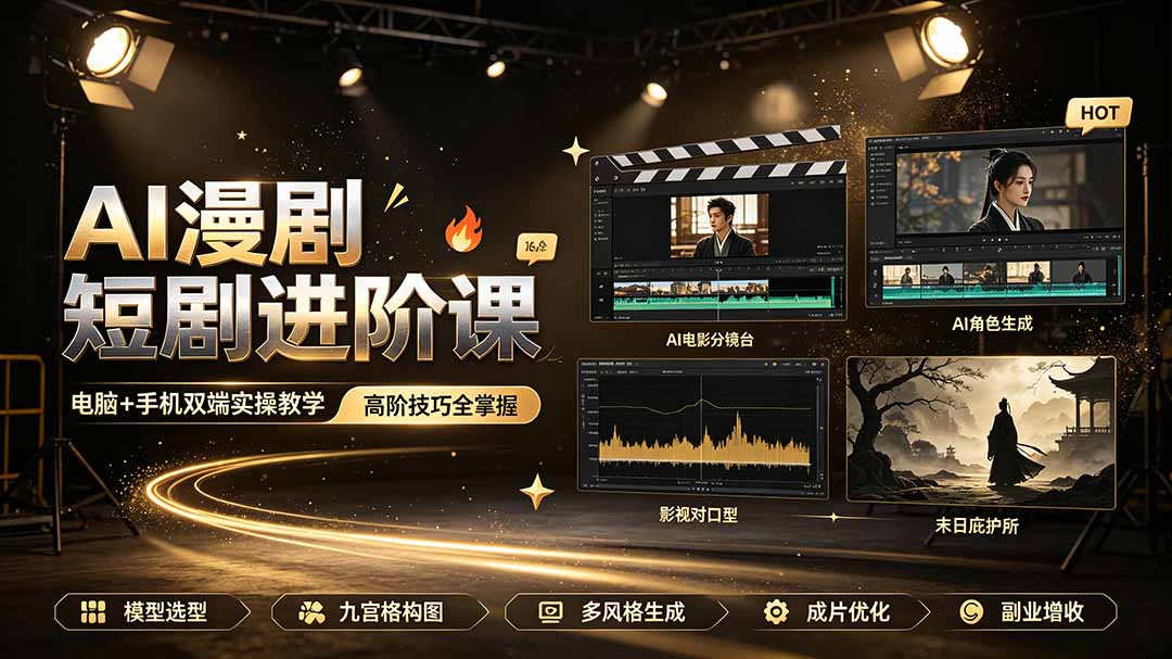 AI漫剧短剧进阶课｜电脑+手机双端实操教学｜影视剧对口型人物吃瓜×解压末日庇护所全程讲解，高阶技巧全掌握-校睿铺