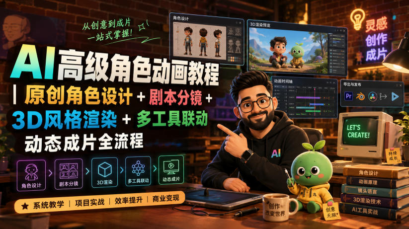 AI高级角色动画教程｜原创角色设计+剧本分镜+3D风格渲染+多工具联动动态成片全流程【中英字幕】-校睿铺