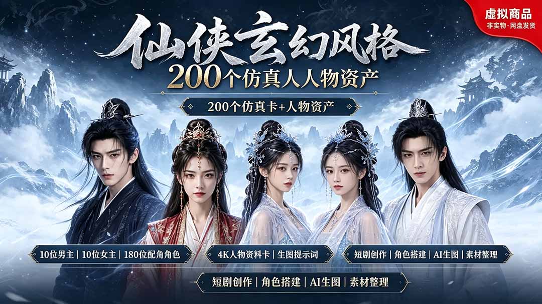 200个仙侠玄幻仿真人素材◆10男主×10女主×180配角，4K资料卡+AI生图提示词，漫剧必备-校睿铺