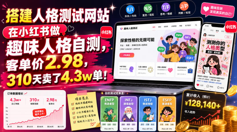搭建人格测试网站在小红书做趣味人格自测，客单价2.98，310天卖了4.3w单！-校睿铺