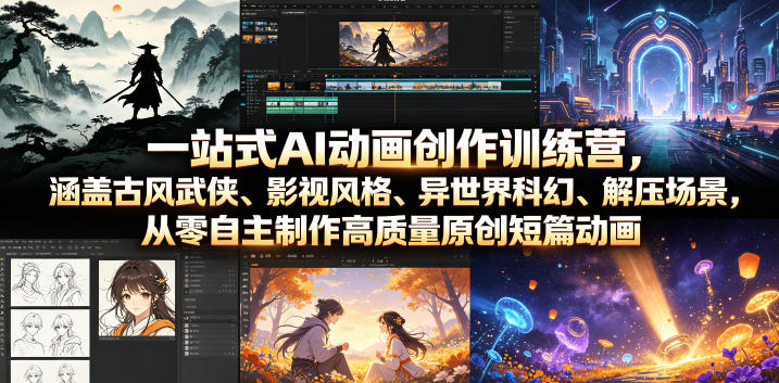 一站式AI动画创作训练营，涵盖古风武侠、影视风格、异世界科幻、解压场景，从零自主制作高质量原创短篇动画(更新)-校睿铺