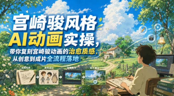 宫崎骏风格AI动画实操，带你复刻宫崎骏动画的治愈质感，从创意到成片全流程落地-校睿铺