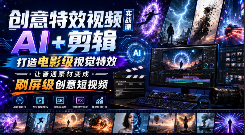 创意特效视频实战课，AI+剪辑打造电影级视觉特效，让普通素材变成刷屏级创意短视频-校睿铺
