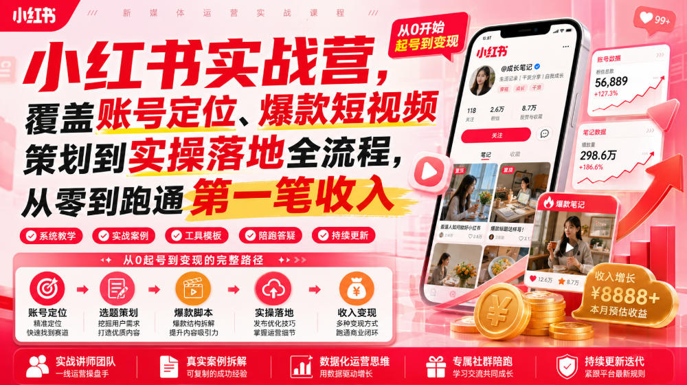 小红书实战营，覆盖账号定位、爆款短视频策划到实操落地全流程，从零到跑通第一笔收入-校睿铺