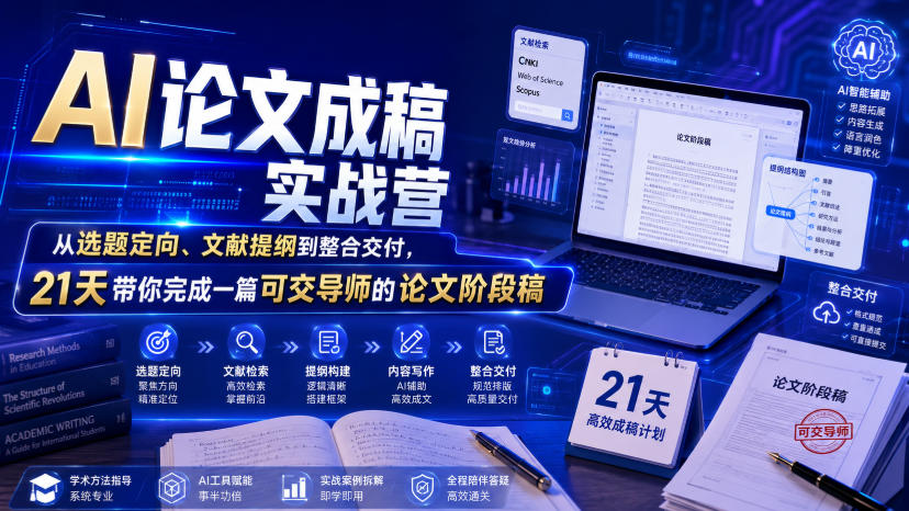 AI论文成稿实战营，从选题定向、文献提纲到整合交付，21天带你完成一篇可交导师的论文阶段稿-校睿铺