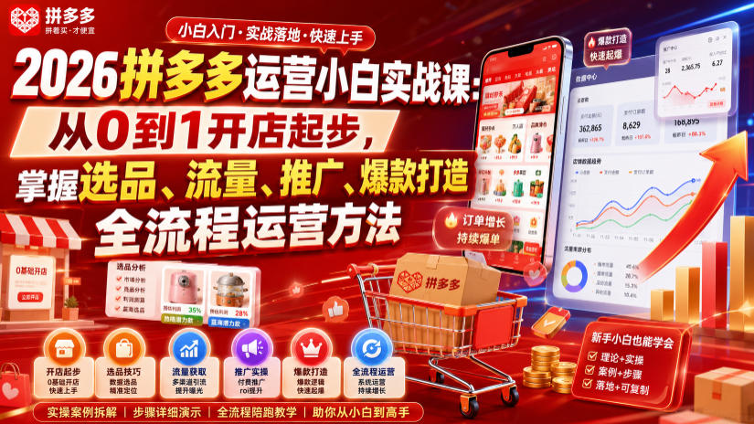 2026拼多多运营小白实战课：从0到1开店起步，掌握选品、流量、推广、爆款打造全流程运营方法-校睿铺