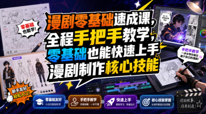 漫剧零基础速成课，全程手把手教学，零基础也能快速上手漫剧制作核心技能-校睿铺