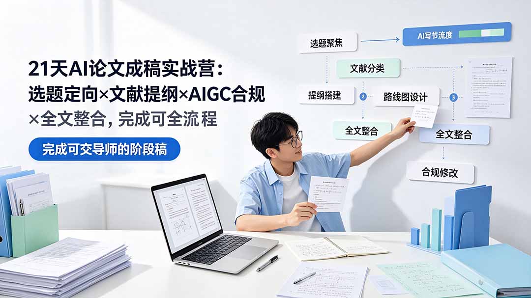 21天AI论文成稿实战营：选题定向×文献提纲×AIGC合规×全文整合，完成可交导师的阶段稿-校睿铺